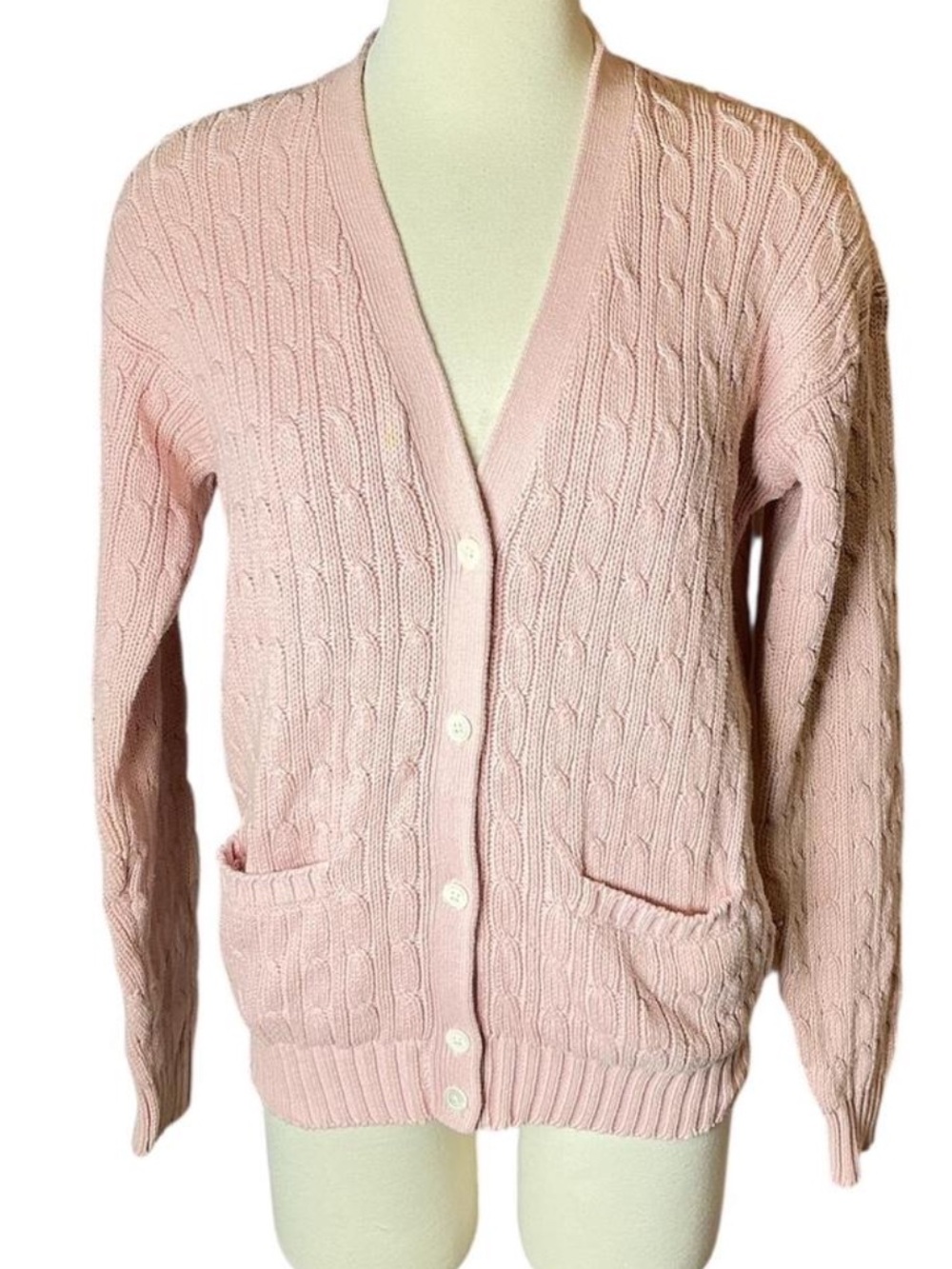 Vintage 90s Ralph Lauren varsity cable knit sweater button down pink cardigan